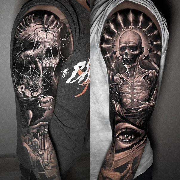 Реализм Skull, Spider tattoo на Полный рукав
