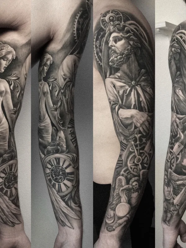 male black and grey realism 타투 부위 full sleeve #73294 | 타투이스트 Поздеев Федор