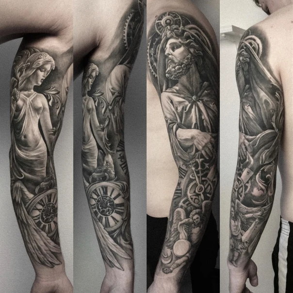 Реализм Angel, Clock tattoo на Полный рукав