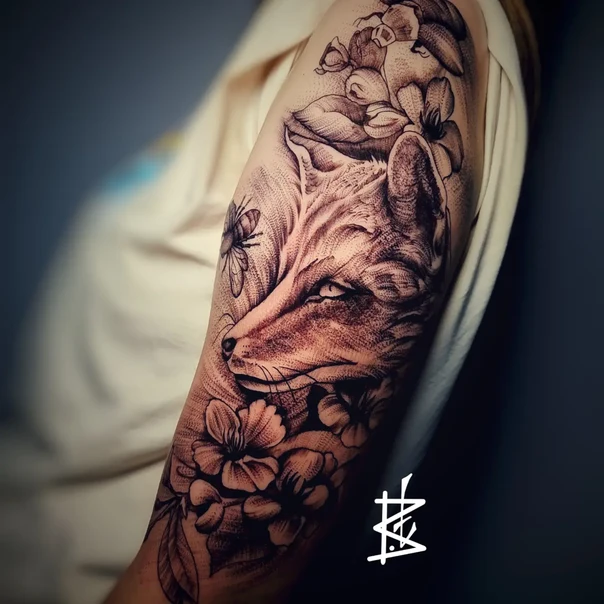 Чёрно-серая Fox, Flowers tattoo на Предплечье