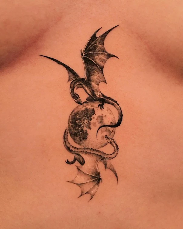 Black & Grey Dragon, Moon tattoo on Chest