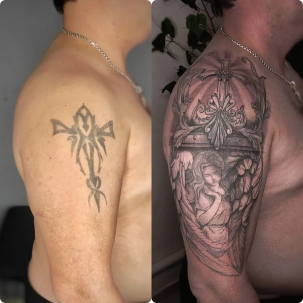 Чёрно-серая Angel, Cross tattoo на Дельта