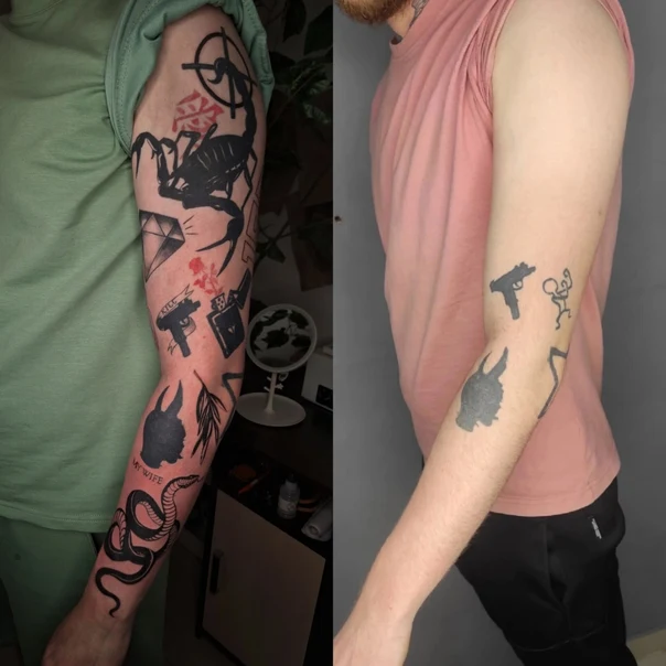 Blackwork Scorpion, Gun tattoo on Full Sleeve