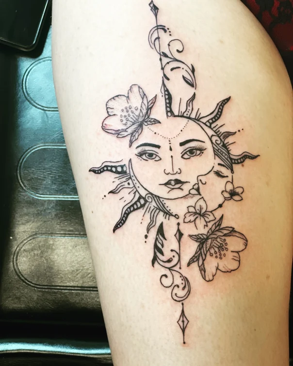 Linework Sun, Moon tattoo on Thigh