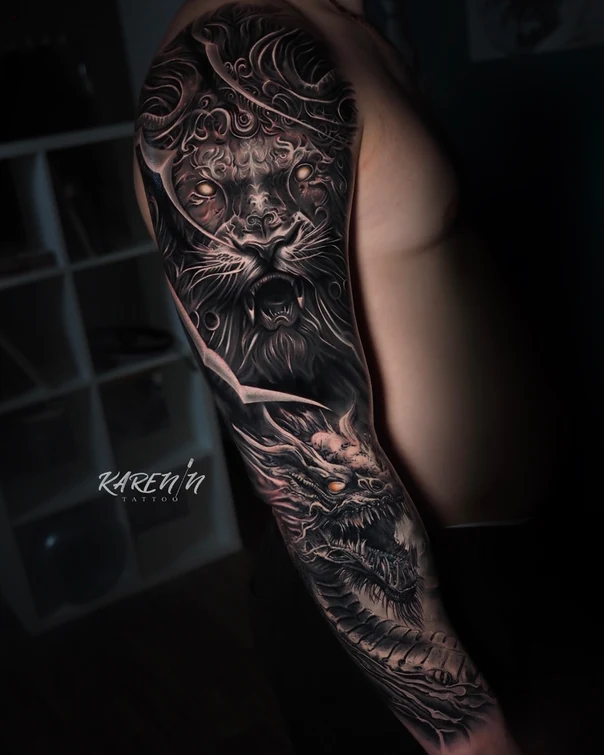 Реализм Lion, Dragon tattoo на Полный рукав