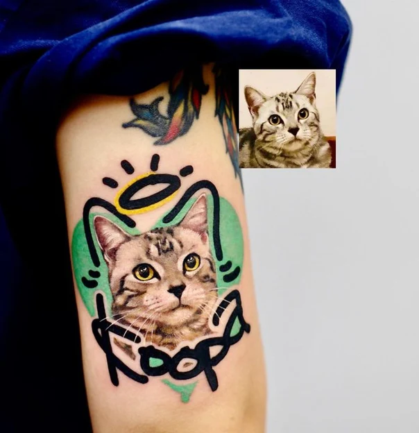 Illustrative Cat, Halo tattoo on Forearm