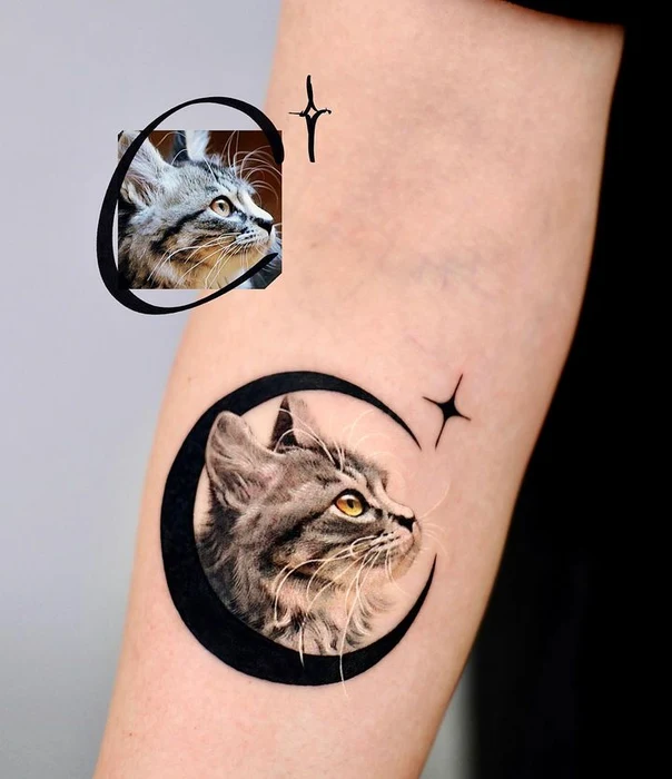 Realism Cat, Moon tattoo on Forearm