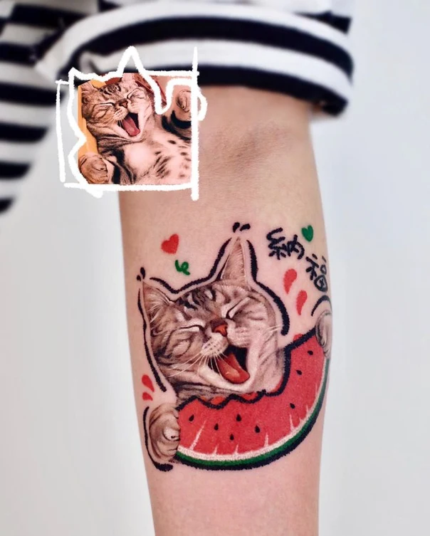Illustrative Cat, Watermelon tattoo on Forearm
