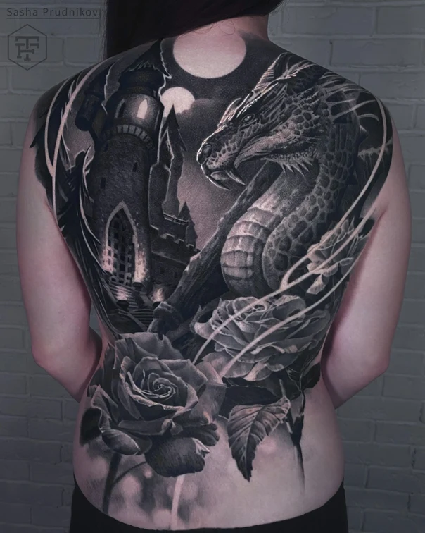 Реализм Dragon, Castle tattoo на Спина (полная)