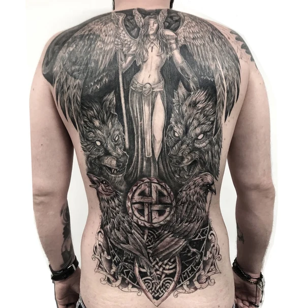Realism Angel, Wolves tattoo on Full Back
