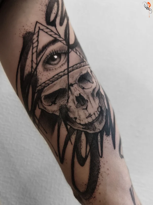 Black & Grey Skull, Eye tattoo on Forearm