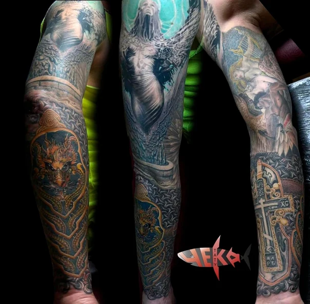 Реализм Dragon, Angel tattoo на Полный рукав