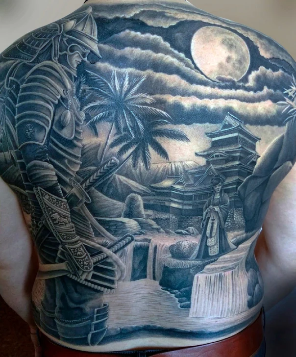Японская Samurai, Landscape tattoo на Спина (полная)