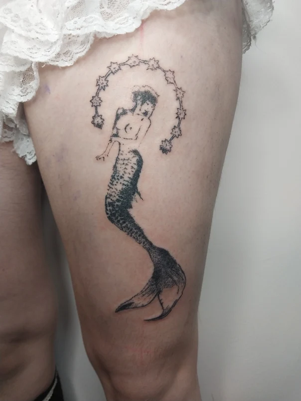 Sketch Mermaid, Stars tattoo on Thigh