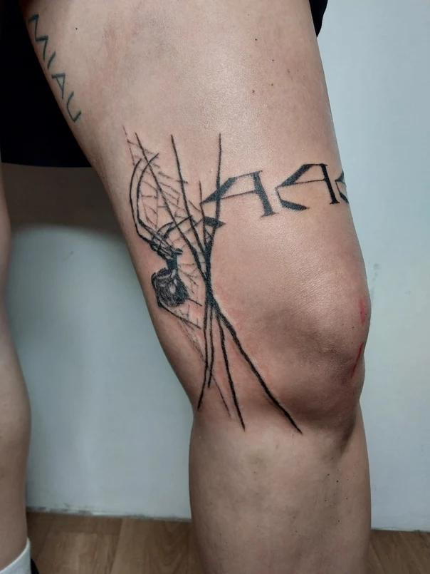 Sketch Spider, Web tattoo on Knee