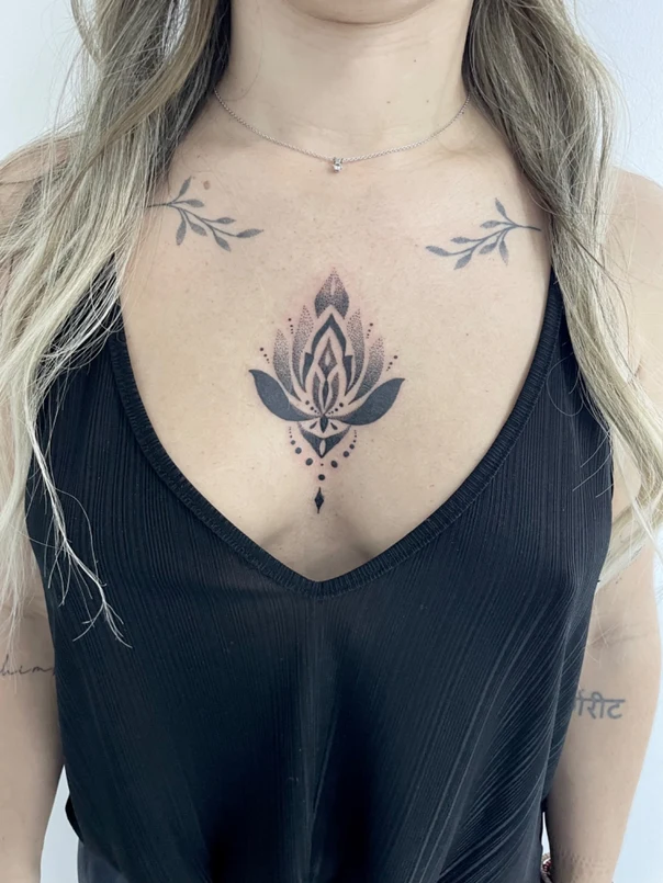 Dotwork Lotus, Floral tattoo on Sternum