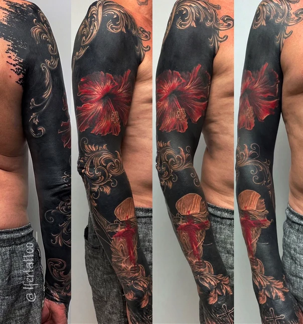Blackout Flower, Floral tattoo на Полный рукав