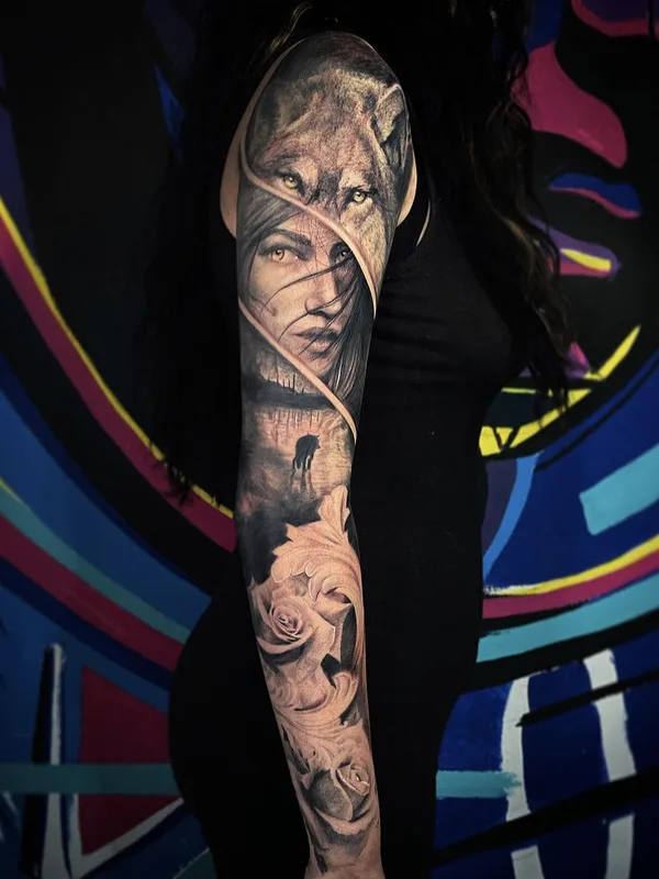 female black and grey realism tattoo on full sleeve #73989 | Tattoo Artist Hony Casar