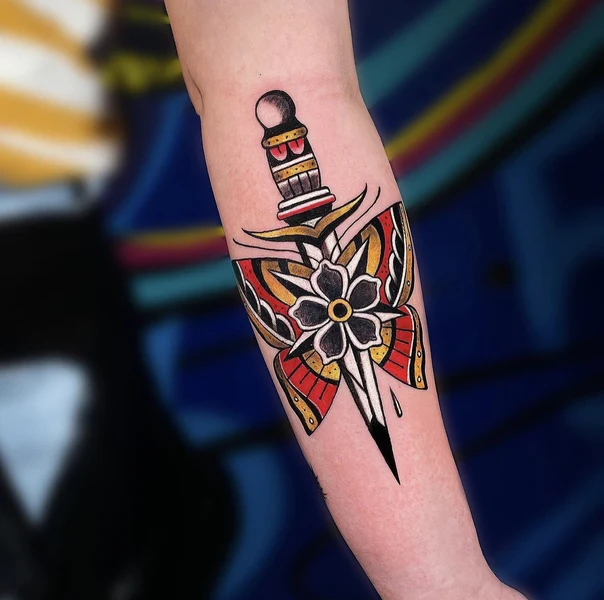 Traditional Dagger, Butterfly tattoo on Forearm