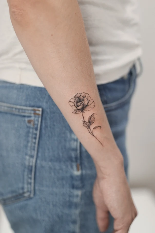 Fineline Rose, Flower tattoo on Forearm