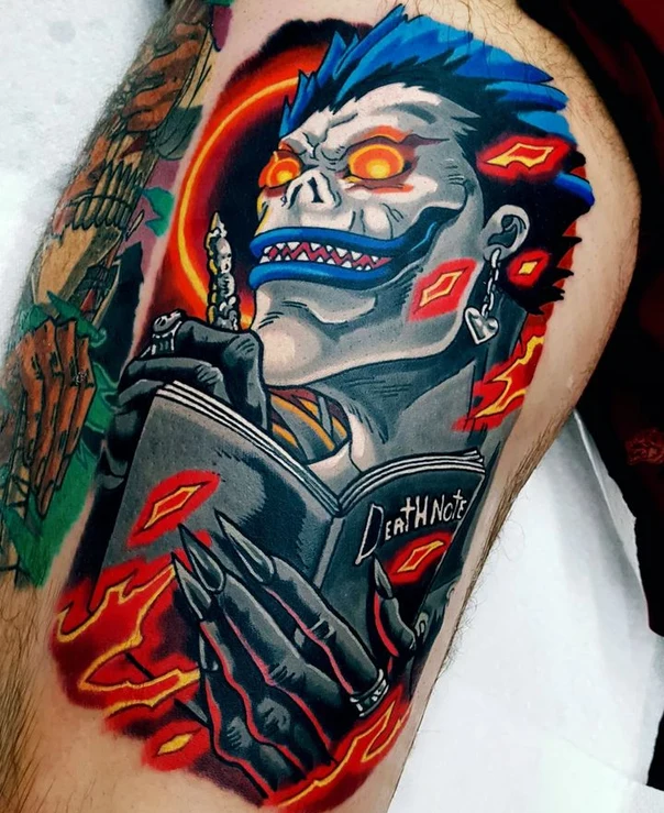 Anime Character, Book tattoo on Thigh
