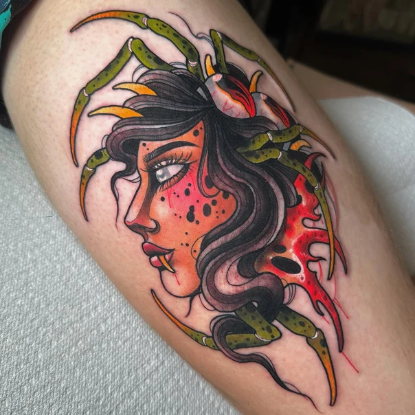 Neo Traditional Spider, Portrait tattoo on Thigh