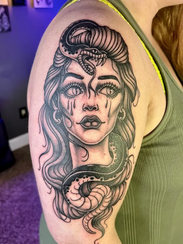 female black and grey black and grey tattoo on shoulder #74023 | Tattoo Artist Abby SR