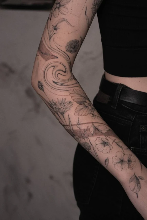 Fineline Flowers, Leaves tattoo on Forearm