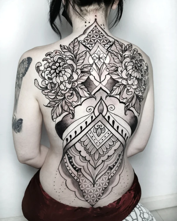 Blackwork Floral, Mandala tattoo on Full Back