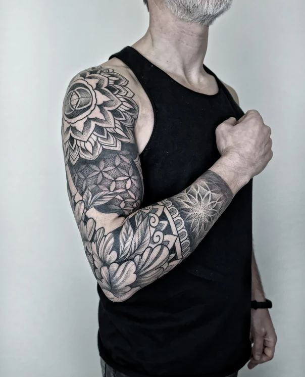 Blackwork Mandala, Floral tattoo on Full Sleeve