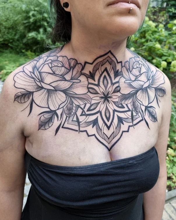 Blackwork Rose, Mandala tattoo on Chest