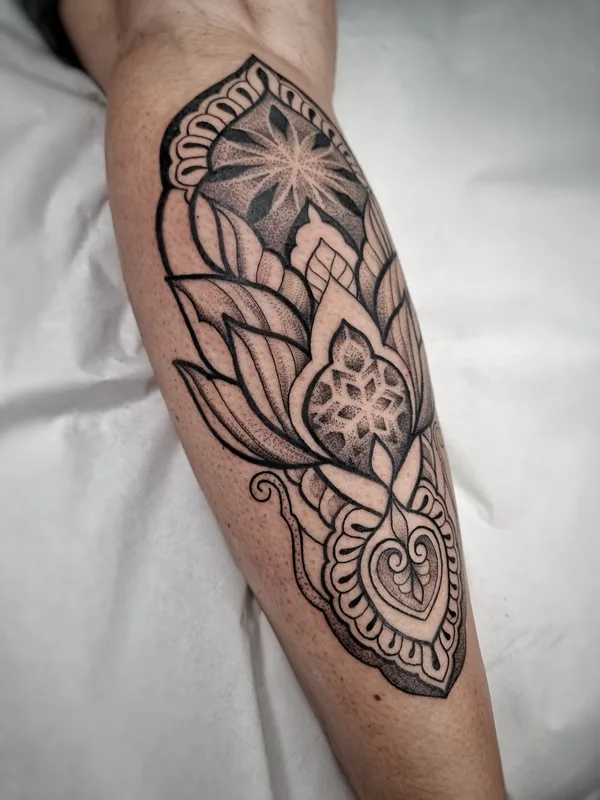 black and grey mandala tattoo on calf #74130 | Tattoo Artist Sharin Tattoo