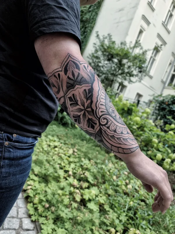 black and grey ornamental tattoo on forearm #74132 | Tattoo Artist Sharin Tattoo
