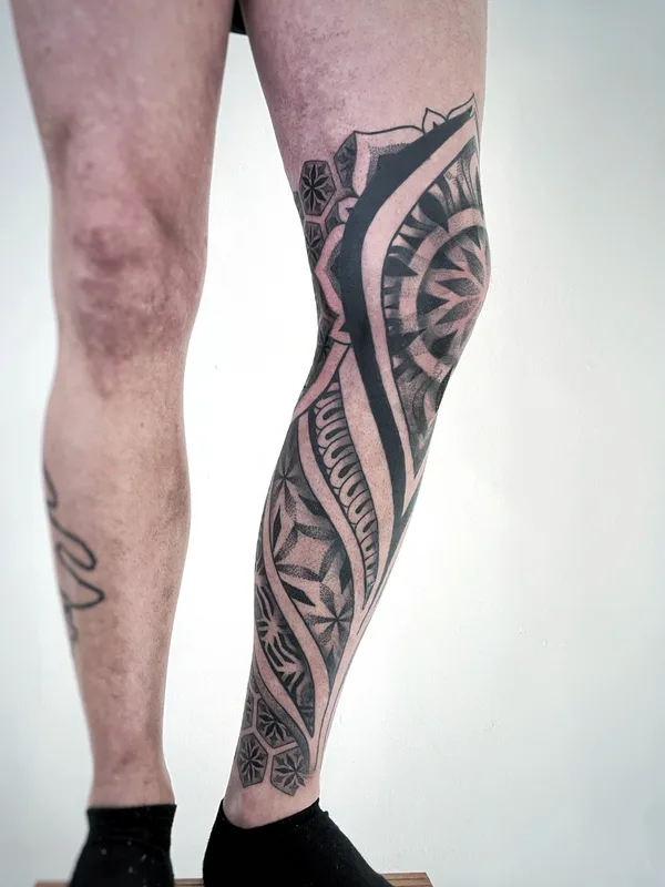 black and grey blackwork tattoo on calf #74133 | Tattoo Artist Sharin Tattoo