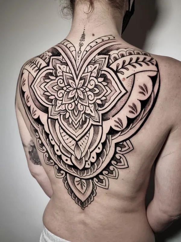 black and grey ornamental tattoo on full back #74137 | Tattoo Artist Sharin Tattoo