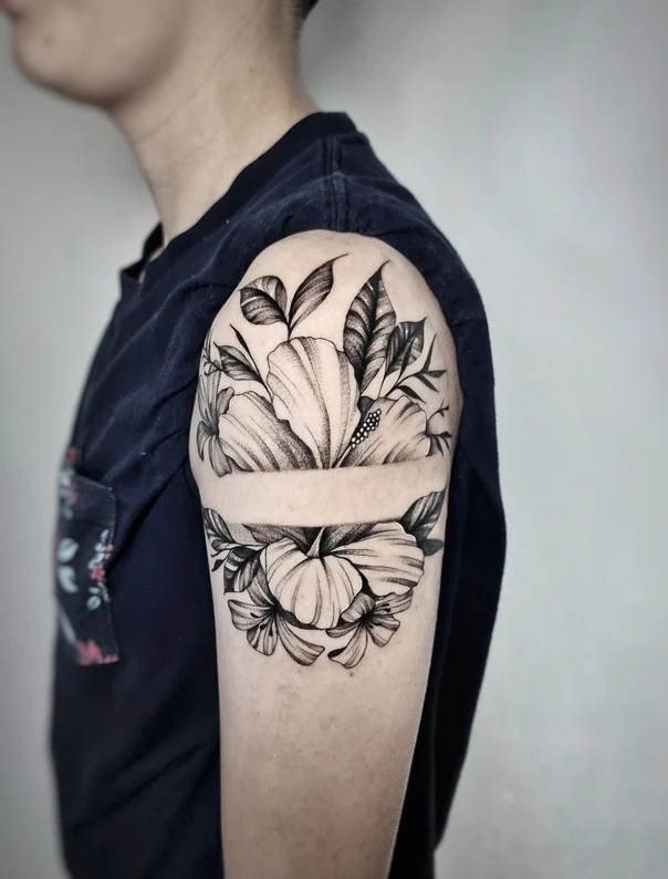 Botanic Flowers, Leaves tattoo on Shoulder