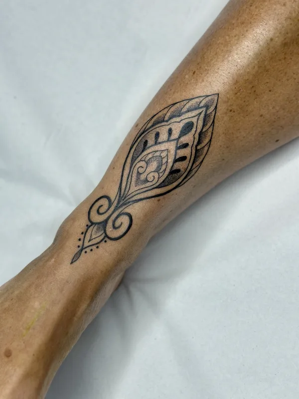 black and grey ornamental tattoo on calf #74136 | Tattoo Artist Sharin Tattoo
