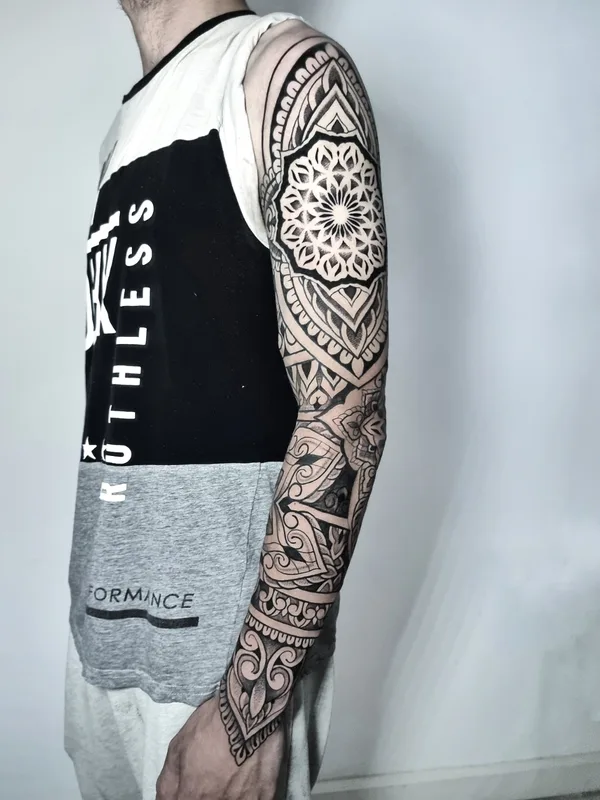 male black and grey ornamental tattoo on full sleeve #74141 | Tattoo Artist Sharin Tattoo