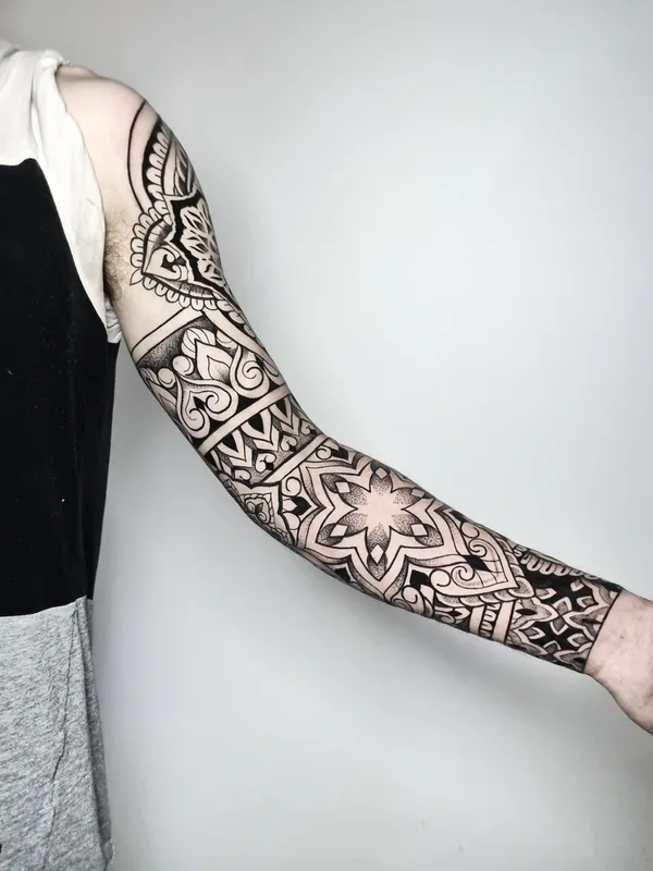 male black ornamental tattoo on full sleeve #74139 | Tattoo Artist Sharin Tattoo