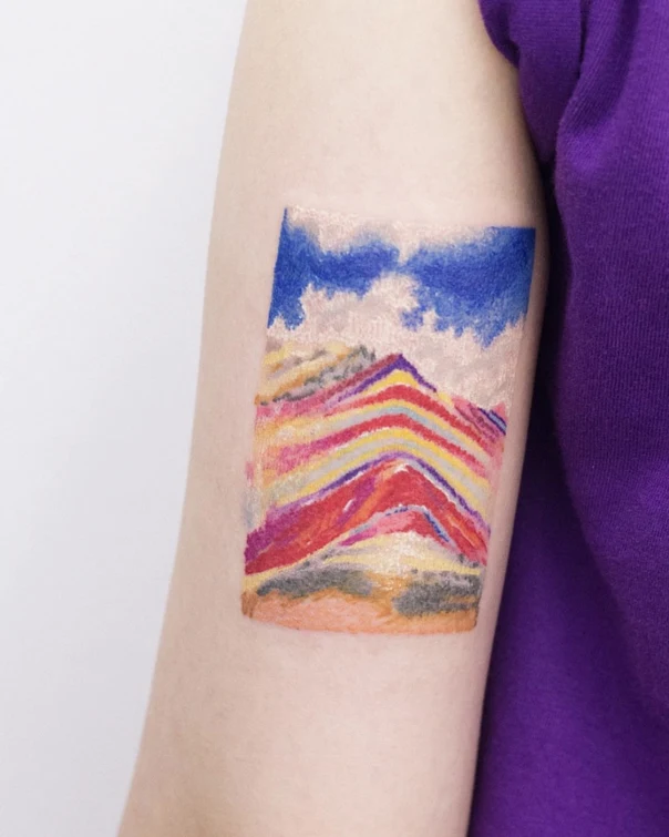 Watercolor Landscape, Mountain tattoo on Upper Arm