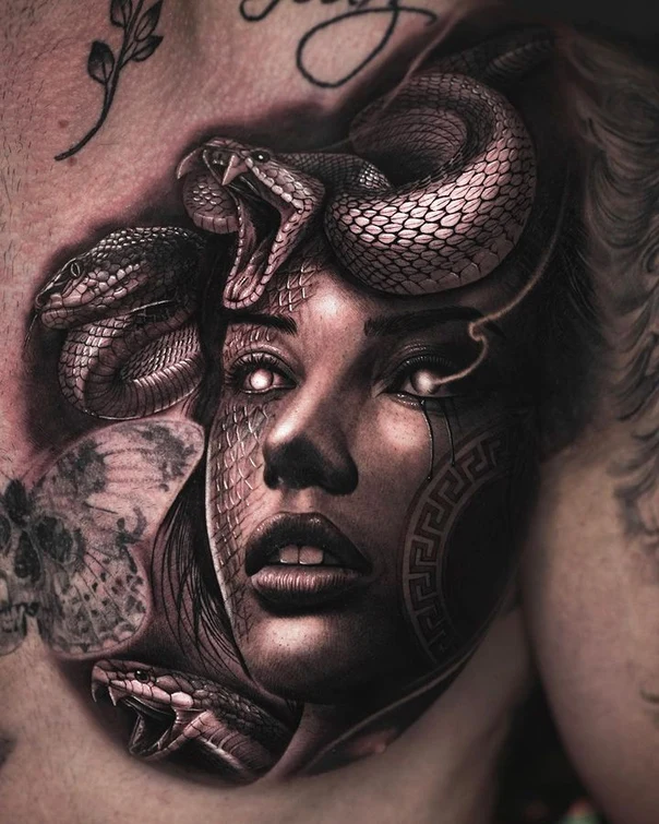 Realism Medusa, Snake tattoo on Chest