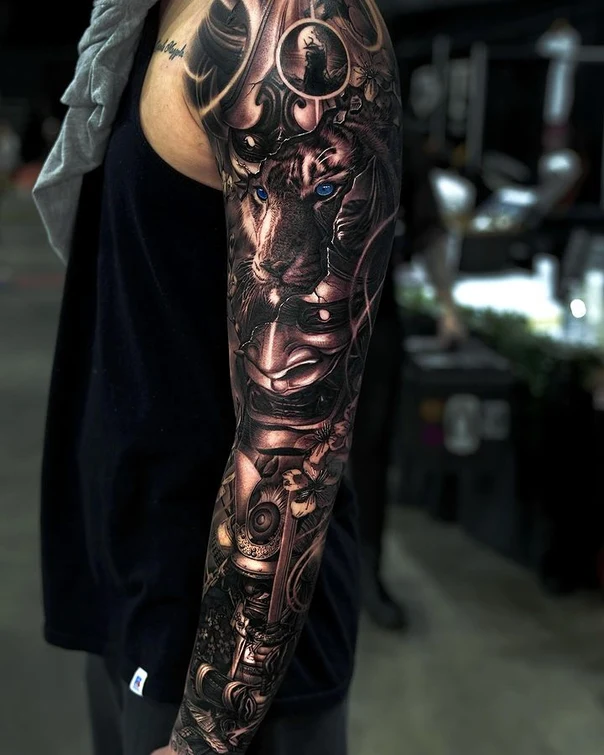 Realism Tiger, Samurai tattoo on Full Sleeve