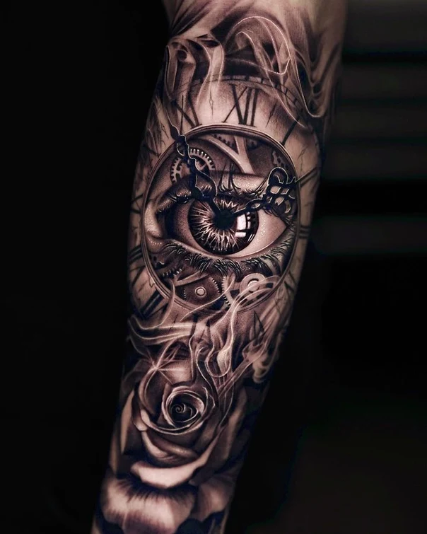 Realism Eye, Clock tattoo on Forearm