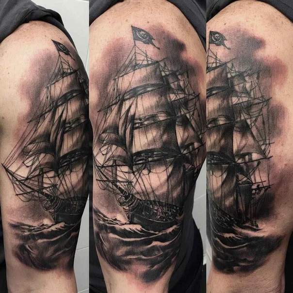 Black & Grey Ship, Waves tattoo on Shoulder