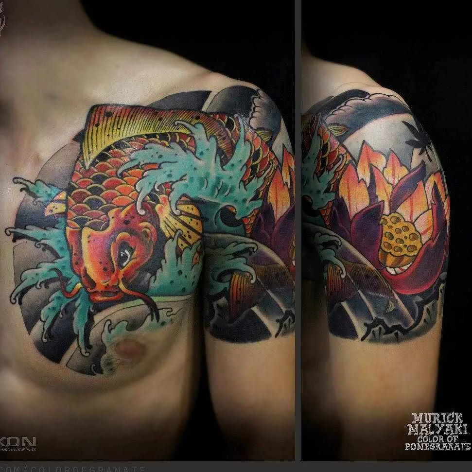 A vibrant Japanese-style tattoo featuring a koi fish swimming alongside lotus flowers with swirling water elements.