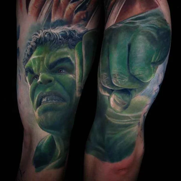 Realism Hulk, Comic book tattoo on Full Sleeve