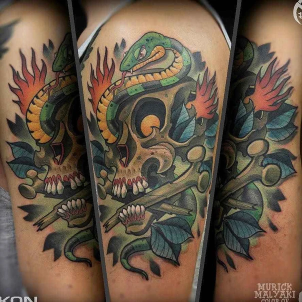 Нео-традиционная Skull, Snake tattoo на Плечо