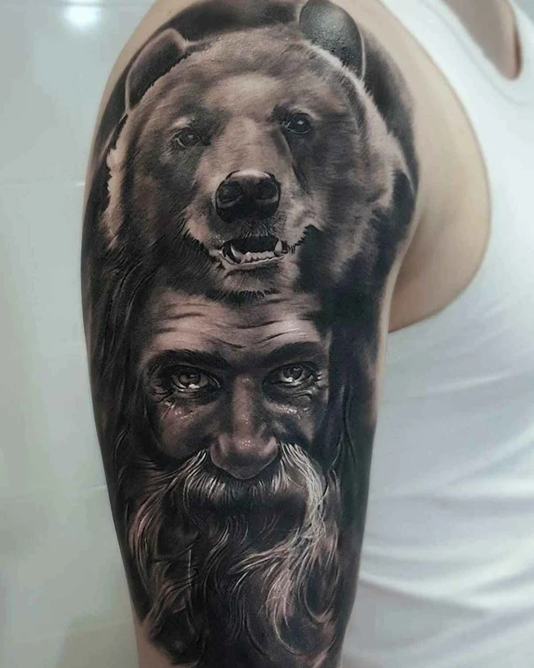 Realism Bear, Face tattoo on Upper Arm