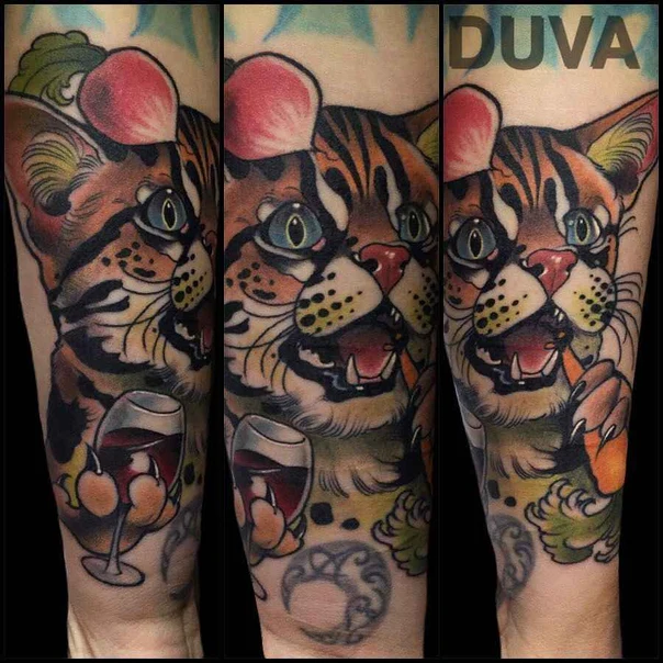 Neo Traditional Cat, Wine glass tattoo on Forearm