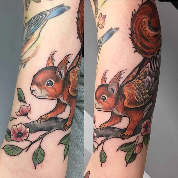 Illustrative Squirrel, Branch tattoo on Forearm